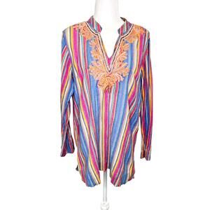 Soft Surroundings Turin Bright Striped Beaded Embroidered Cotton Gauze Tunic Top